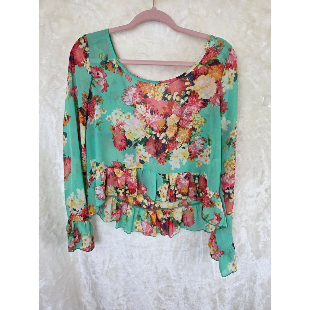 Love Fire Mint Green Floral Chiffon Peplum Ruffle Top V-Back Long Sleeve Blouse